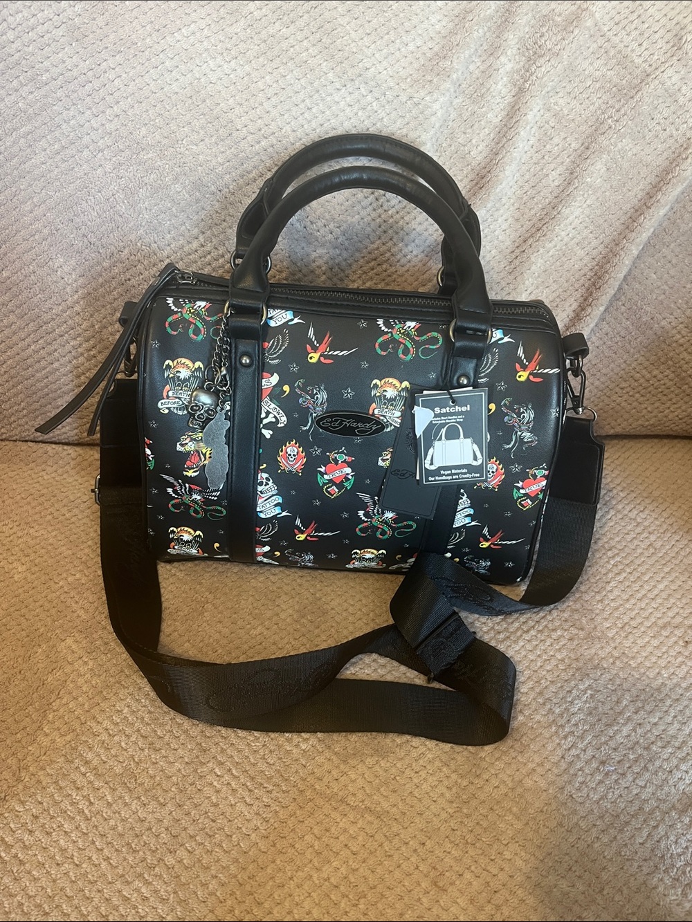 Ed Hardy Black Tattoo-Print Crossbody Satchel New With Tags